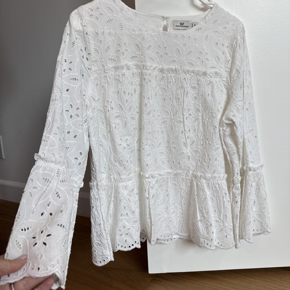 Vineyard Vines White Eyelet Long Sleeve Peplum Top Size M